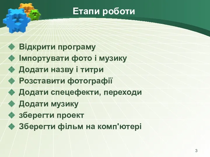 Етапи роботи Відкрити програму Імпортувати фото і музику Додати назву і титри Розставити