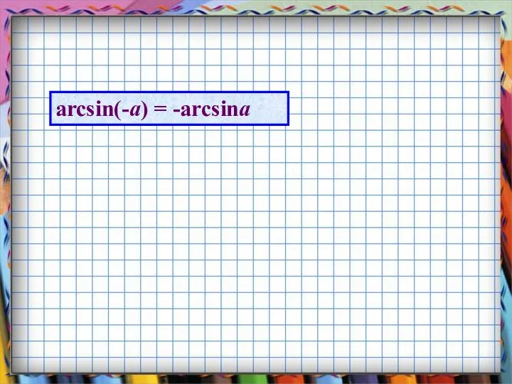 arcsin(-a) = -arcsina arctg(-a) = -arctga arcсtg(-a) = π-arcсtga Аркфункції від'ємних кутів знаходимо за формулами: