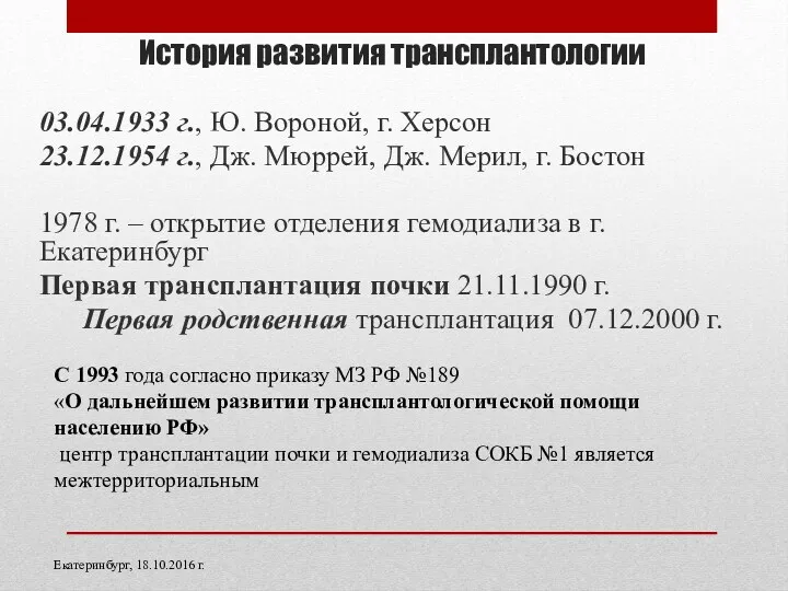 История развития трансплантологии 03.04.1933 г., Ю. Вороной, г. Херсон 23.12.1954