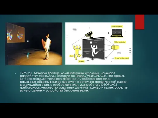 1975 год, Майрон Крюгер, компьютерный художник, начинает разработку технологии, которую