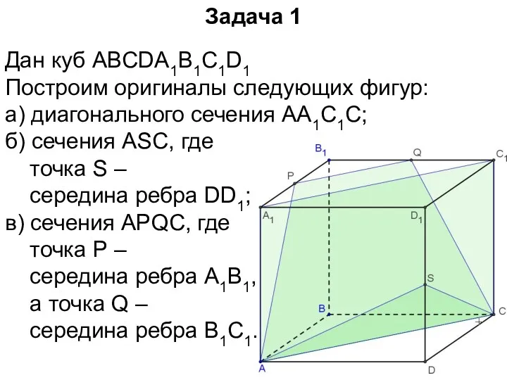 Задача 1 Дан куб ABCDA1B1C1D1 Построим оригиналы следующих фигур: а)