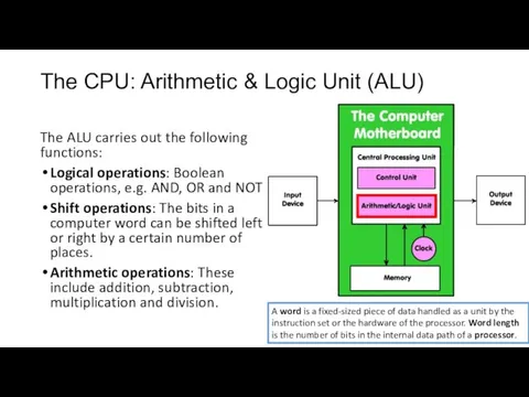 The CPU: Arithmetic & Logic Unit (ALU) The ALU carries