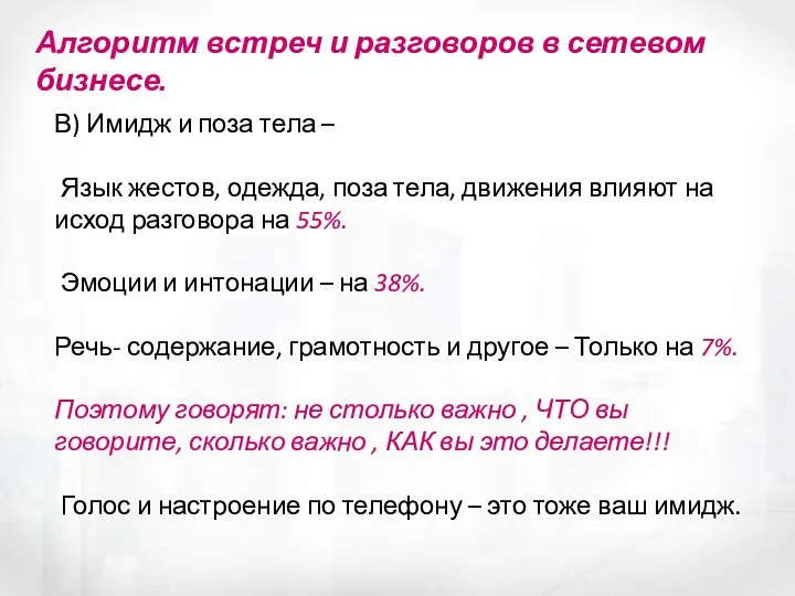 Алгоритм встреч и разговоров в сетевом бизнесе. В) Имидж и поза тела –