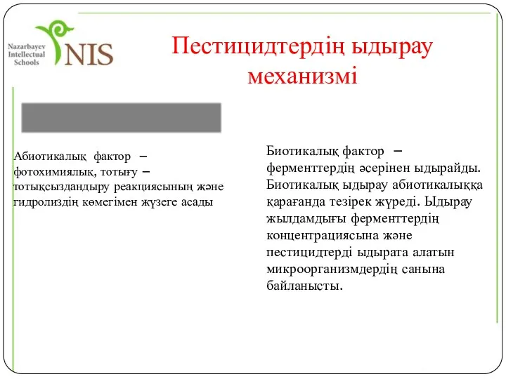 Пестицидтердің ыдырау механизмі Биотикалық фактор – ферменттердің әсерінен ыдырайды. Биотикалық