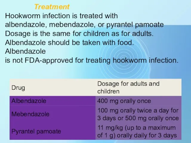 Treatment Hookworm infection is treated with albendazole, mebendazole, or pyrantel pamoate Dosage is