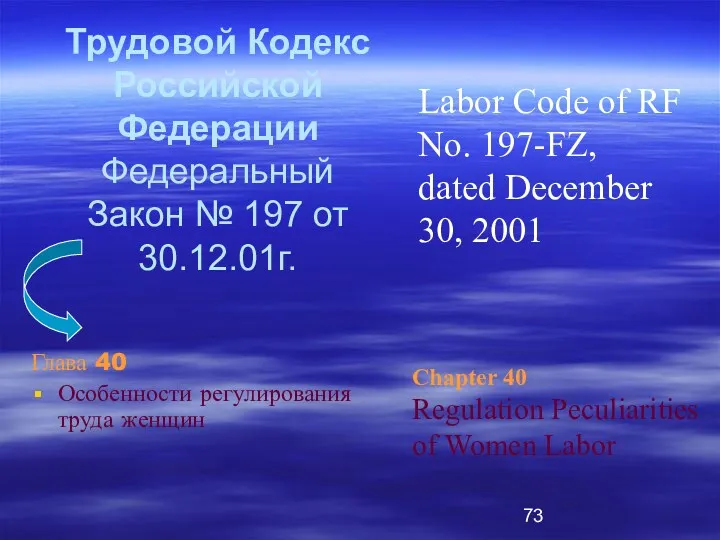 Трудовой Кодекс Российской Федерации Федеральный Закон № 197 от 30.12.01г. Глава 40 Особенности