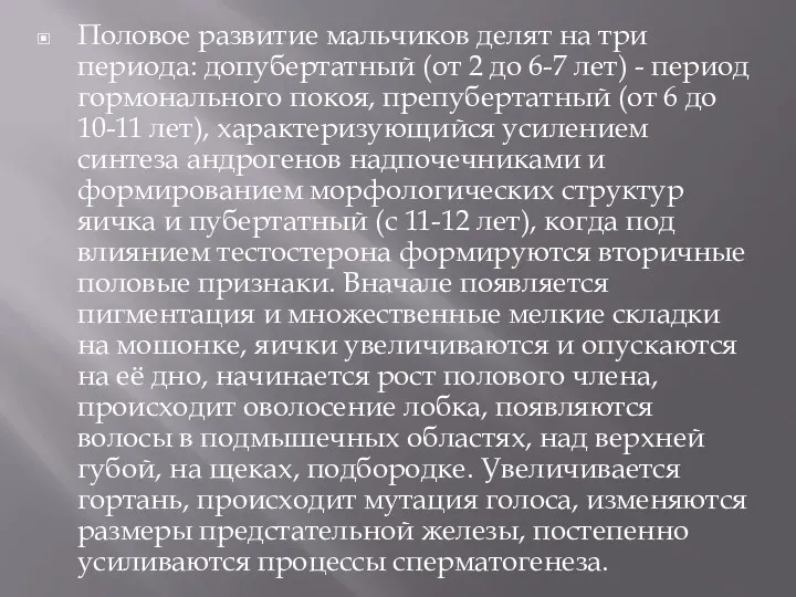 Половое развитие мальчиков делят на три периода: допубертатный (от 2