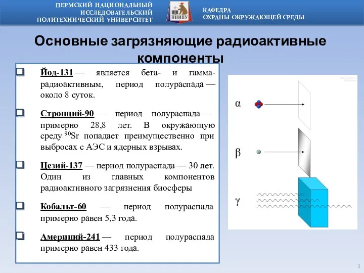 Основные загрязняющие радиоактивные компоненты Йод-131 — является бета- и гамма-радиоактивным,