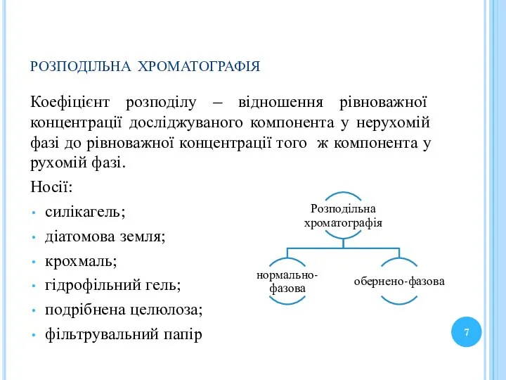 розподільна хроматографія Коефіцієнт розподілу – відношення рівноважної концентрації досліджуваного компонента