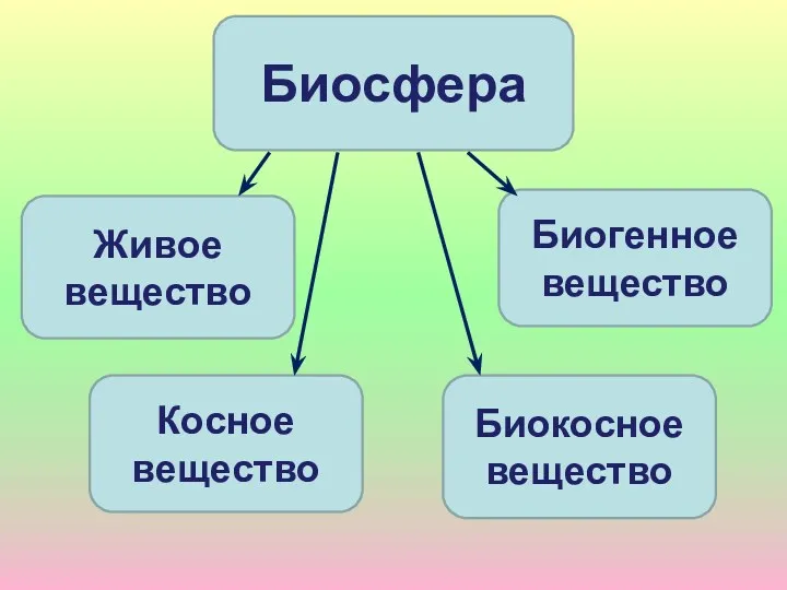 Биосфера Живое вещество Биогенное вещество Косное вещество Биокосное вещество