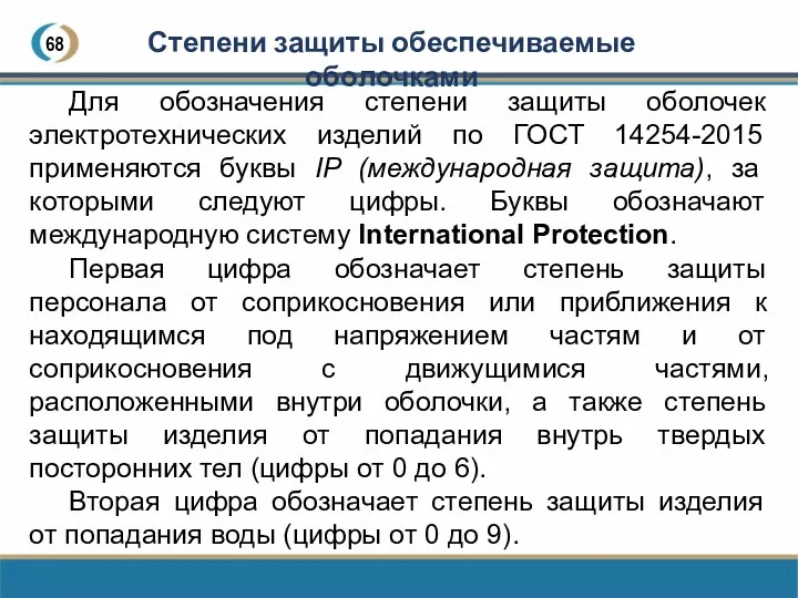 68 Степени защиты обеспечиваемые оболочками Для обозначения степени защиты оболочек