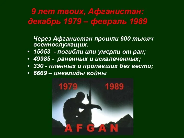 9 лет твоих, Афганистан: декабрь 1979 – февраль 1989 Через Афганистан прошли 600