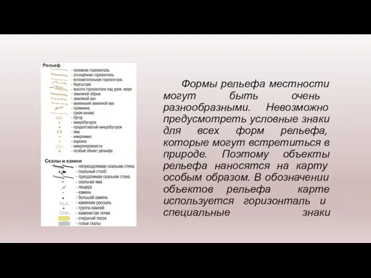 Формы рельефа местности могут быть очень разнообразными. Невозможно предусмотреть условные