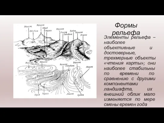 Формы рельефа Элементы рельефа – наиболее объективные и достоверные, трехмерные