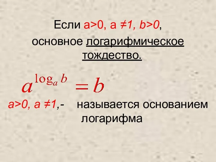 Если a>0, a ≠1, b>0, основное логарифмическое тождество. a>0, a ≠1,- называется основанием логарифма