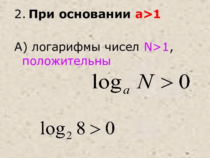 2. При основании a>1 А) логарифмы чисел N>1, положительны