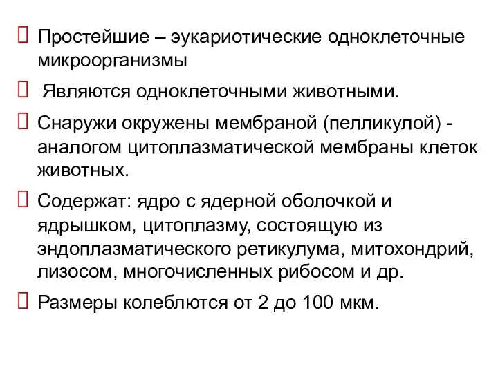 Простейшие – эукариотические одноклеточные микроорганизмы Являются одноклеточными животными. Снаружи окружены