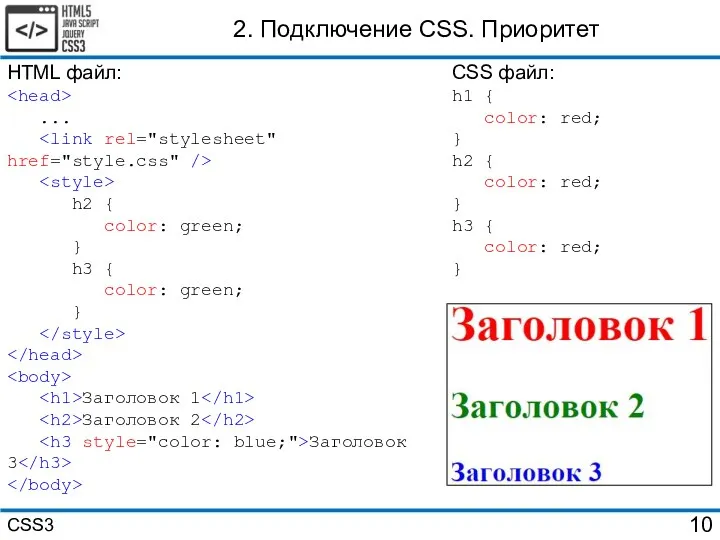 HTML файл: ... h2 { color: green; } h3 {