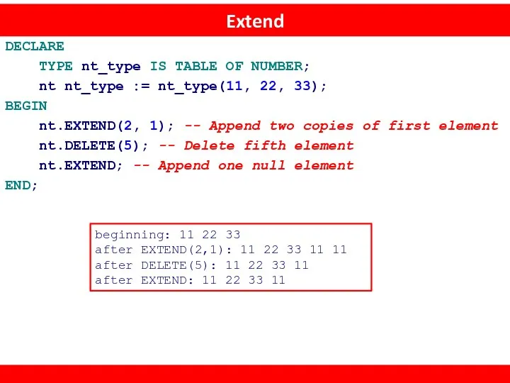 Extend DECLARE TYPE nt_type IS TABLE OF NUMBER; nt nt_type := nt_type(11, 22,