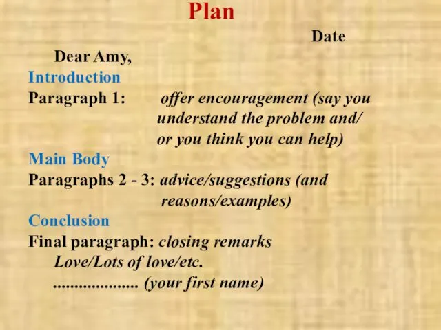 Plan Date Dear Amy, Introduction Paragraph 1: offer encouragement (say you understand the