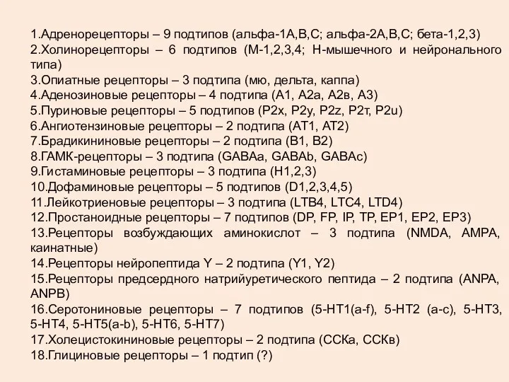 1.Адренорецепторы – 9 подтипов (альфа-1А,В,С; альфа-2А,В,С; бета-1,2,3) 2.Холинорецепторы – 6