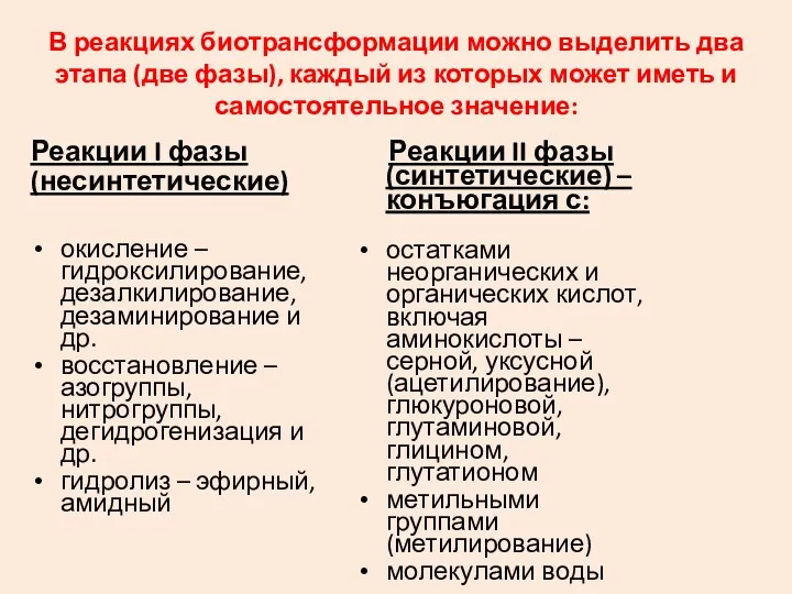 В реакциях биотрансформации можно выделить два этапа (две фазы), каждый