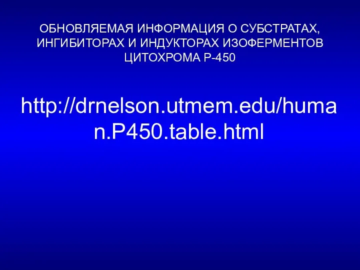 http://drnelson.utmem.edu/human.P450.table.html ОБНОВЛЯЕМАЯ ИНФОРМАЦИЯ О СУБСТРАТАХ, ИНГИБИТОРАХ И ИНДУКТОРАХ ИЗОФЕРМЕНТОВ ЦИТОХРОМА Р-450