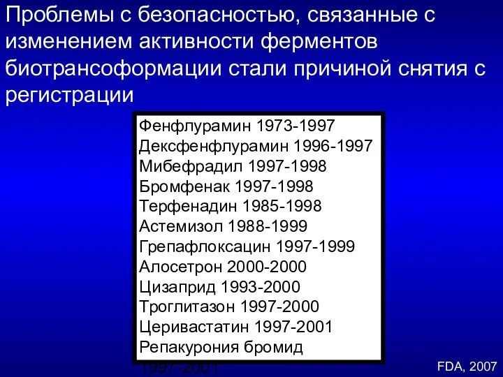 FDA, 2007 Проблемы с безопасностью, связанные с изменением активности ферментов