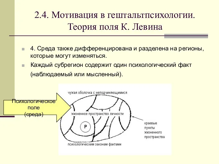 2.4. Мотивация в гештальтпсихологии. Теория поля К. Левина 4. Среда также дифференцирована и