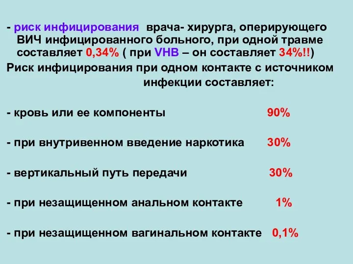 - риск инфицирования врача- хирурга, оперирующего ВИЧ инфицированного больного, при