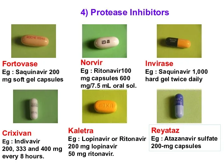 4) Protease Inhibitors Kaletra Eg : Lopinavir or Ritonavir 200