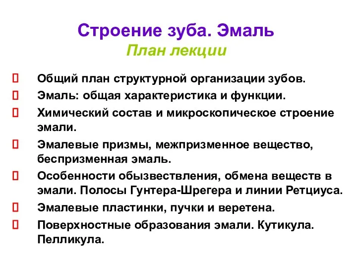 Строение зуба. Эмаль План лекции Общий план структурной организации зубов. Эмаль: общая характеристика