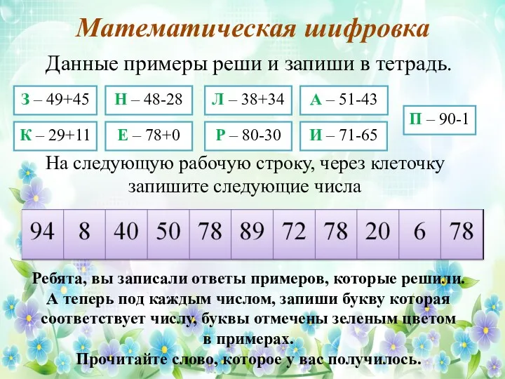 Математическая шифровка З – 49+45 А – 51-43 К –
