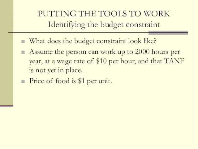 PUTTING THE TOOLS TO WORK Identifying the budget constraint What does the budget