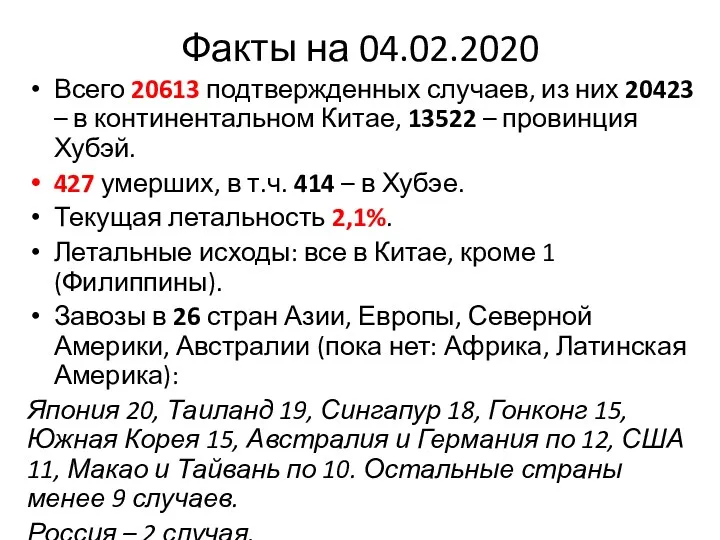 Факты на 04.02.2020 Всего 20613 подтвержденных случаев, из них 20423