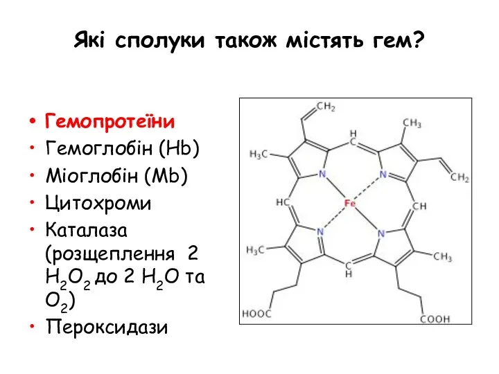 Які сполуки також містять гем? Гемопротеїни Гемоглобін (Hb) Міоглобін (Mb)