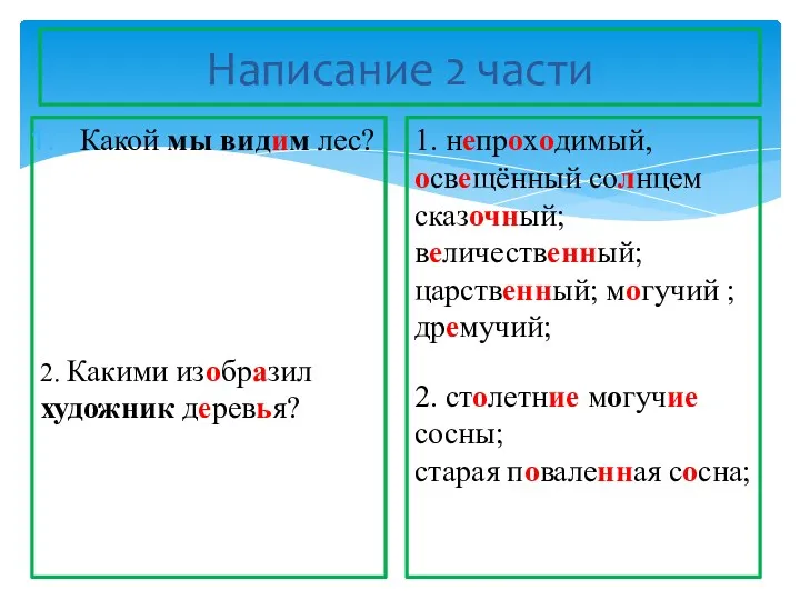 Написание 2 части 1. непроходимый, освещённый солнцем сказочный; величественный; царственный;