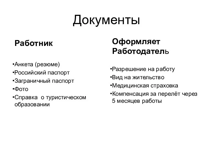 Документы Работник Анкета (резюме) Российский паспорт Заграничный паспорт Фото Справка