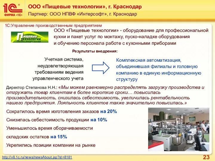 ООО «Пищевые технологии», г. Краснодар Партнер: ООО НПВФ «Интерсофт», г.