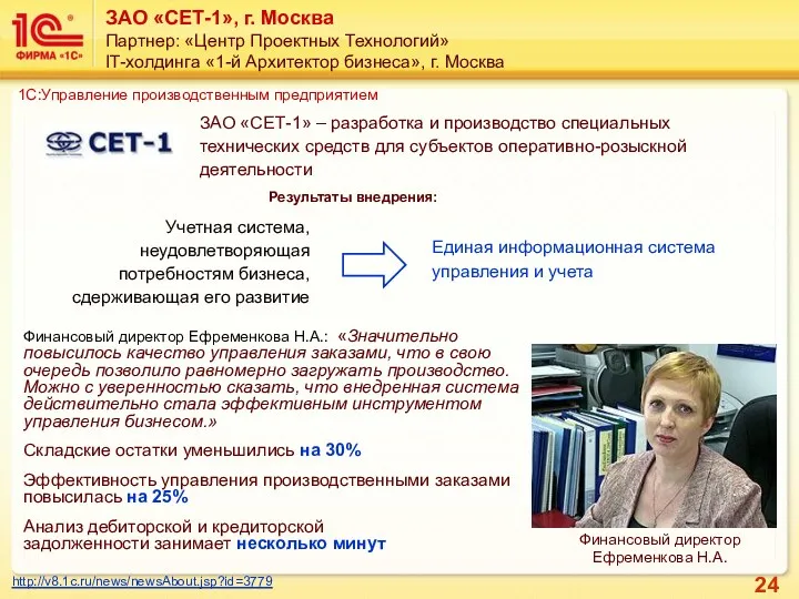 ЗАО «СЕТ-1», г. Москва Партнер: «Центр Проектных Технологий» IT-холдинга «1-й