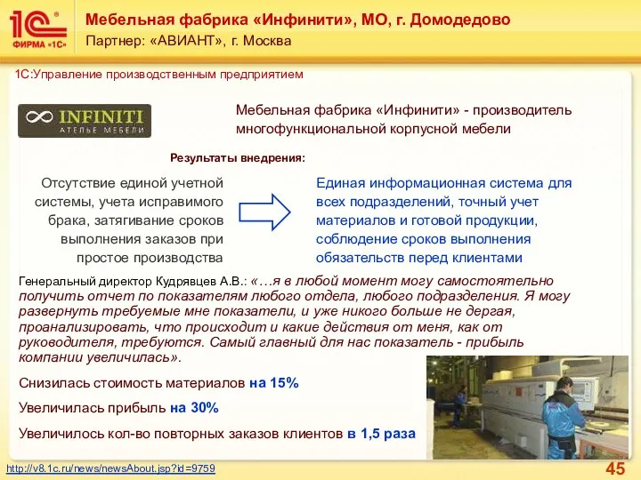 Мебельная фабрика «Инфинити», МО, г. Домодедово Партнер: «АВИАНТ», г. Москва