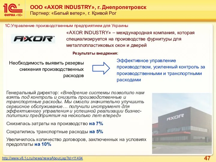 ООО «AXOR INDUSTRY», г. Днепропетровск Партнер: «Белый ветер», г. Кривой