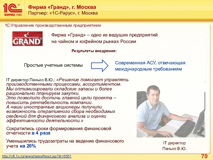 Фирма «Гранд», г. Москва Партнер: «1С-Рарус», г. Москва IT директор