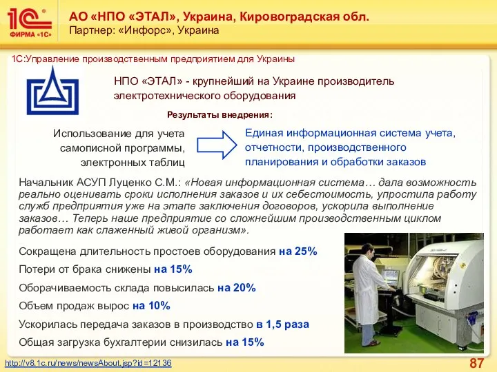 АО «НПО «ЭТАЛ», Украина, Кировоградская обл. Партнер: «Инфорс», Украина 1С:Управление