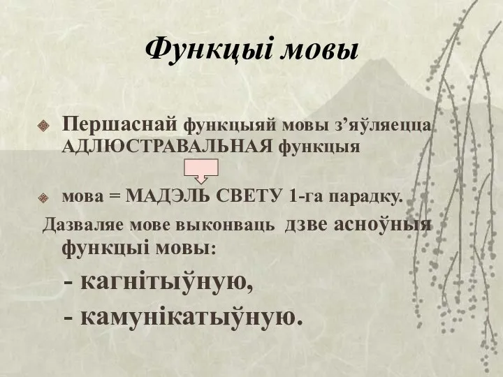 Функцыі мовы Першаснай функцыяй мовы з’яўляецца АДЛЮСТРАВАЛЬНАЯ функцыя мова =