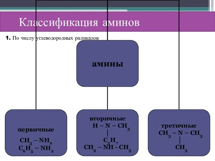 Классификация аминов 1. По числу углеводородных радикалов