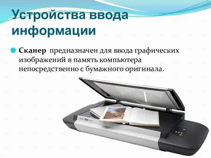 Устройства ввода информации Сканер предназначен для ввода графических изображений в память компьютера непосредственно с бумажного оригинала.
