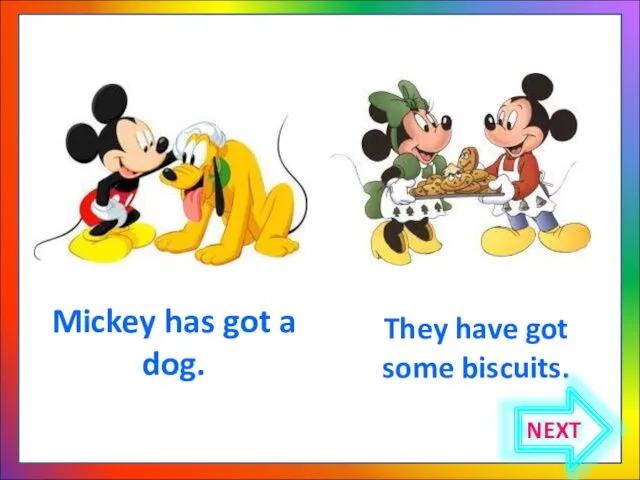 Mickey has got a dog. They have got some biscuits. NEXT