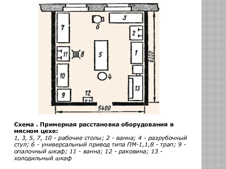 Схема . Примерная расстановка оборудования в мясном цехе: 1, 3,