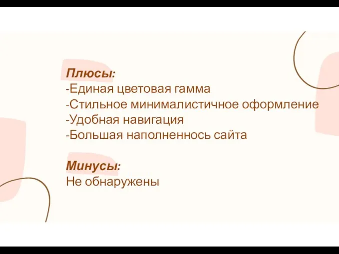 Плюсы: -Единая цветовая гамма -Стильное минималистичное оформление -Удобная навигация -Большая наполненнось сайта Минусы: Не обнаружены